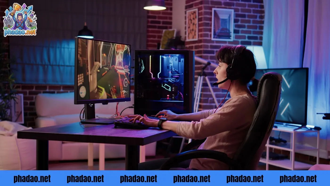 Nữ streamer chơi game thể hiện kỹ năng và sự tập trung để đạt triệu view